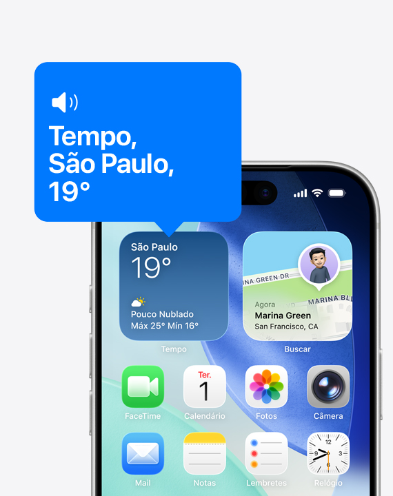 Tela de Início do iPhone com o ícone do widget Tempo sendo lido em voz alta com o VoiceOver