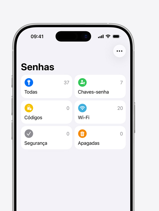 Tela do iPhone mostrando o menu do app Senhas com as opções Todas, Chaves-senha, Códigos, Wi-Fi, Segurança e Apagadas