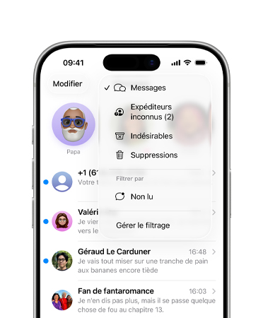 iPhone, les deux tiers supérieurs de l’écran montrant l’app Messages avec les nouveaux outils de filtrage qui classent les numéros inconnus dans la section des contacts inconnus