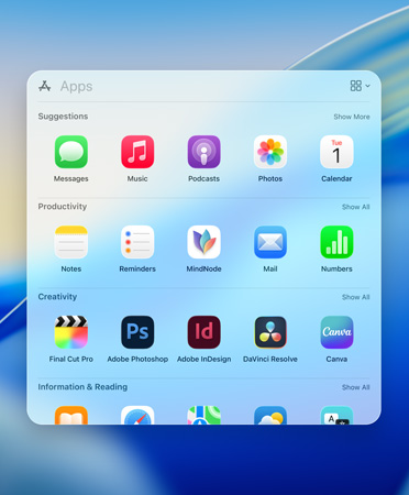 Nabídka prohlížení Spotlightu, kde se dají aplikace filtrovat podle kategorií, jako jsou Služby, Sociální sítě, Produktivita a finance, Zábava nebo Informace a četba