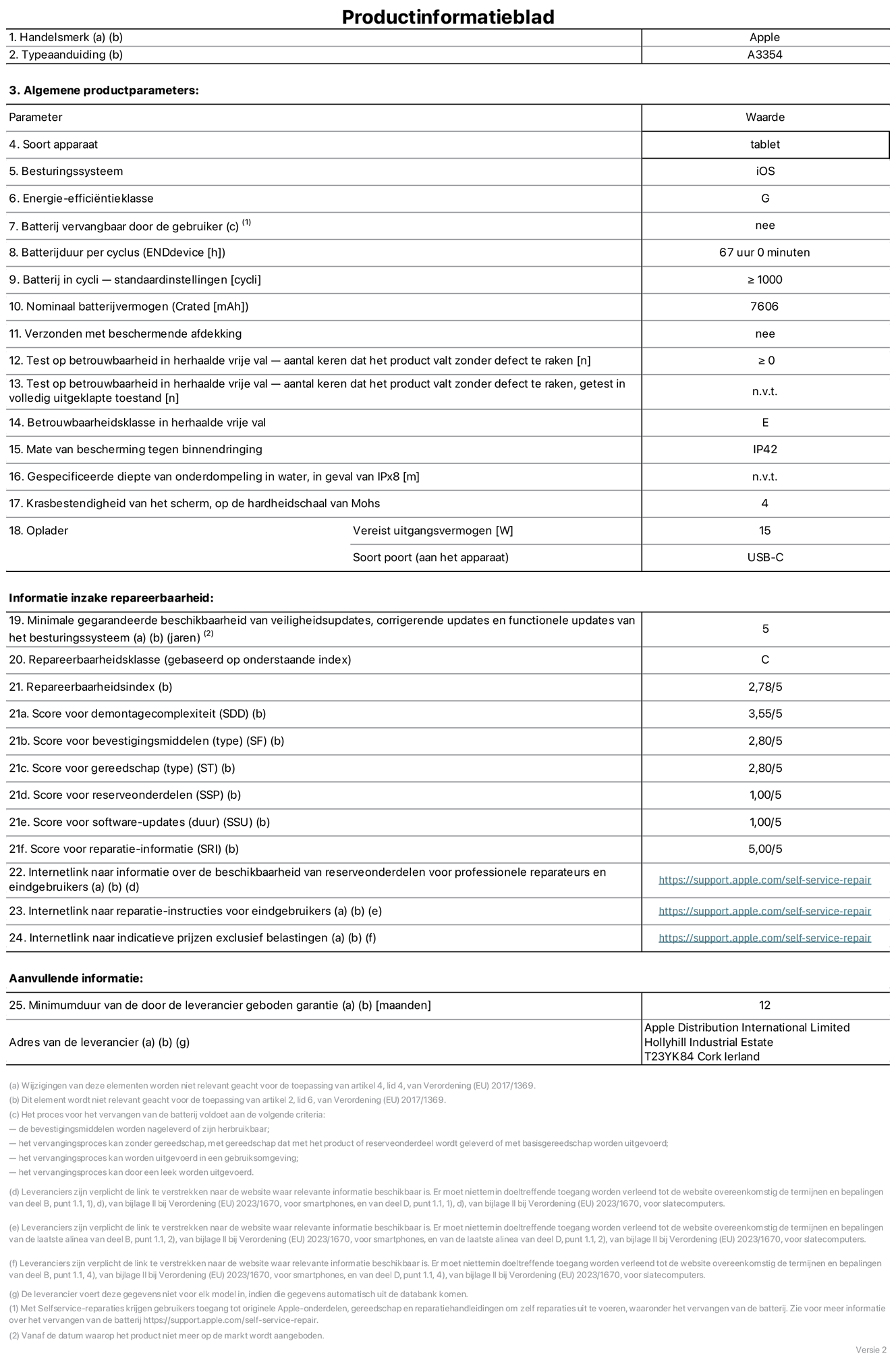 PProductinformatieblad voor iPad Wi-Fi, model A3354. Verstrekt door Apple Distribution International Limited, Hollyhill Industrial Estate. Cork, Ierland T23 YK84. Type device: tablet. Besturingssysteem: iOS. Energie-efficiëntieklasse: G. Batterij door de gebruiker te vervangen: nee. Batterijduur: 67 uur. Batterijduur in cycli: ≥ 1000. Nominale batterijcapaciteit: 7606 mAh. Herhaalde betrouwbaarheidstest voor vrije val, valt zonder defect: ≥ 0. Herhaalde vrije val betrouwbaarheidsklasse: E. Beschermingsklasse: IP42. Krasbestendigheid van het scherm op de hardheidsschaal van Mohs: 4. Vereist uitgangsvermogen van de oplader: 15 W. Type opladeraansluiting: USB-C. Minimale gegarandeerde beschikbaarheid van beveiligingsupdates van het besturingssysteem, corrigerende updates en functionaliteitsupdates: 5 jaar. Herstelbaarheidsklasse: C. Herstelbaarheidsindex: 2,78/5. Score demontagediepte: 3,55/5. Score sluitingen: 2,80/5. Gereedschapsscore: 2,80/5. Reservedeelscore: 1,00/5. Score software-updates: 1,00/5. Score reparatiegegevens: 5,00/5. Weblink naar informatie over de beschikbaarheid van reserveonderdelen voor professionele reparaties en eindgebruikers: https://support.apple.com/self-service-repair. Weblink voor reparatie-instructies voor eindgebruikers: https://support.apple.com/self-service-repair. Weblink naar indicatieve prijzen vóór belasting: https://support.apple.com/self-service-repair. Inclusief 12 maanden algemene garantie.