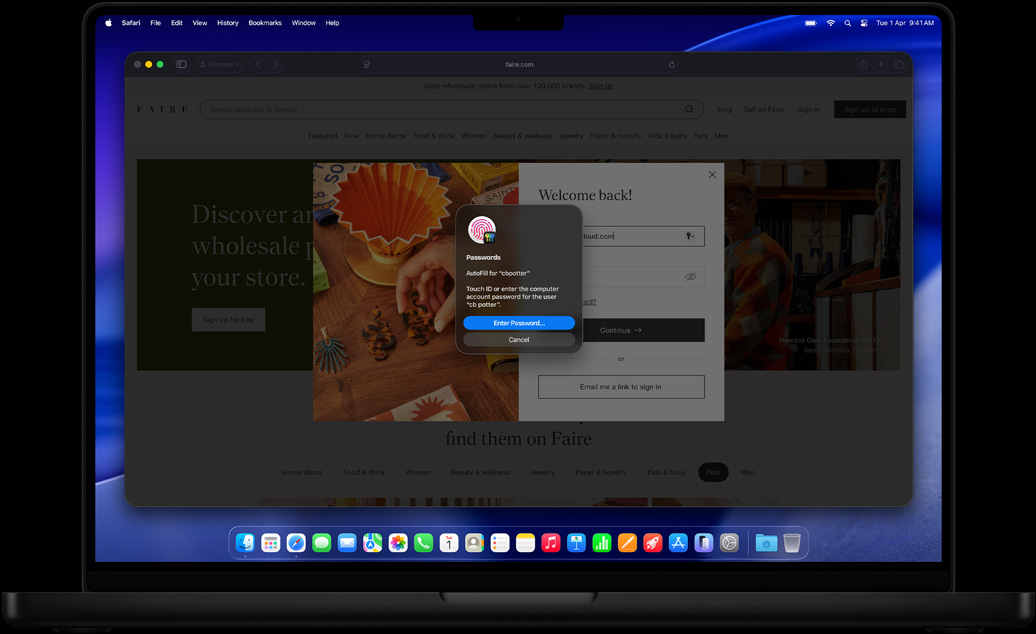 While browsing in Safari, a user is prompted to use Touch ID to sign in to a website
