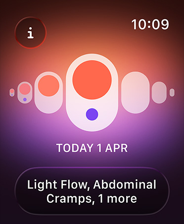 Cycle Tracking in Health app, orange and purple dots highlight different menstruation symptoms