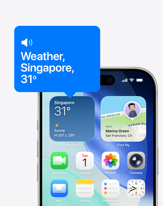 iPhone home screen, icon of weather widget being read aloud with VoiceOver