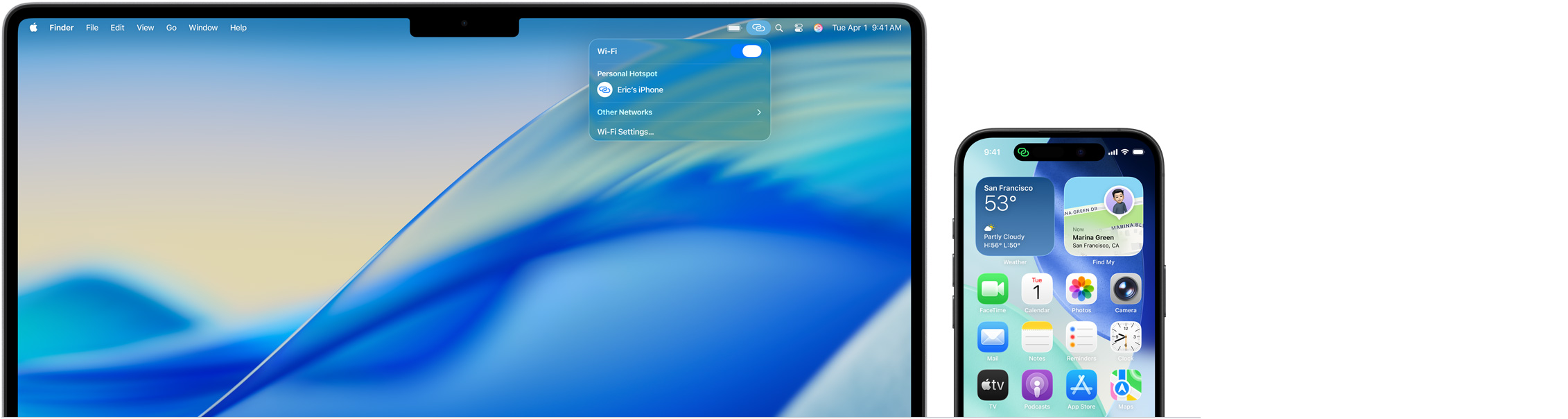 14-inch MacBook Pro, Control Centre in menu bar open, Personal Hotspot connection reads: Eric’s iPhone, iPhone 16 with green Personal Hotspot indicator in top left of screen