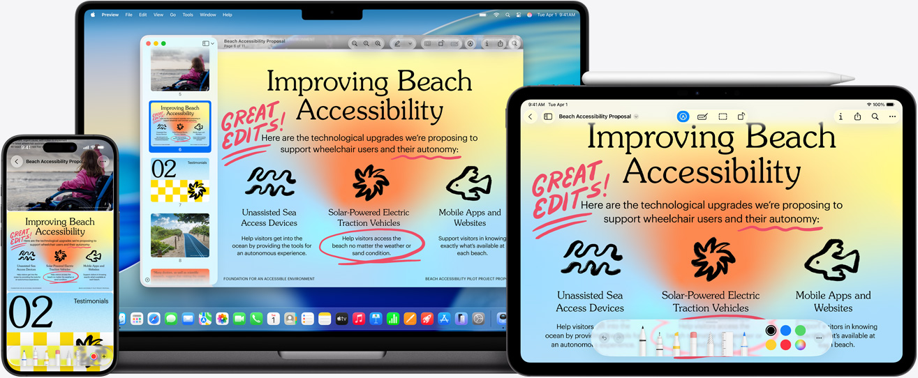 Multiple Apple devices, the same image on each device, an Apple Pencil has been used to mark up the image on the iPad, markup reflects on the other devices