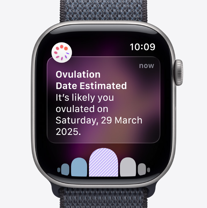 Apple Watch Series 11, space gray color, aluminum case, ovulation date estimation notification from Cycle Tracking in Health app, Digital Crown, Sport Loop, dark gray color