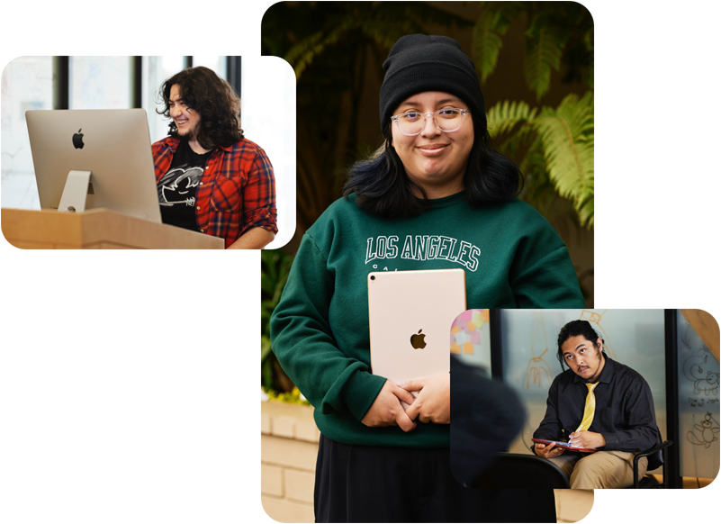 Drei Fotos von Studierenden aus dem Exceptional Minds Programm, eine Studentin arbeitet mit einem Mac Computer, eine Studentin hält ein iPad mit der Rückseite nach außen, ein Student schaut sich ein Modell an und zeichnet mit dem Apple Pencil auf einem iPad