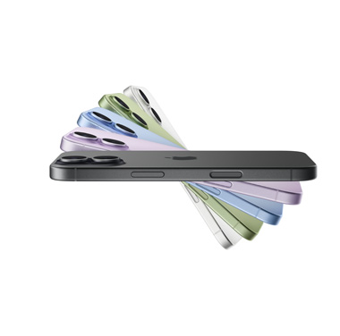 Five overlapping fanned out iPhone 17 devices in Black, Lavender, Mist Blue, Sage and White respectively. All in sideview, with the top of the first visible one in Black showing the Apple logo on the back of the phone.