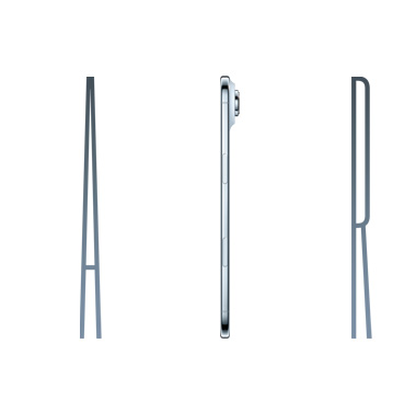 The word Air, spelt thin, chrome-coloured letters. The I in Air is a side view of an iPhone Air device in Cloud White. It shows a button and part of a camera peeking out from the top right.