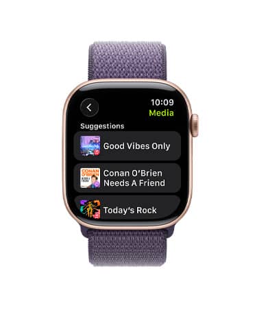 Apple Watch Series 11, rose gold colour, aluminium case, Apple Music, music and podcast suggestions, right side exterior, Digital Crown, strap, purple fog Sport Loop