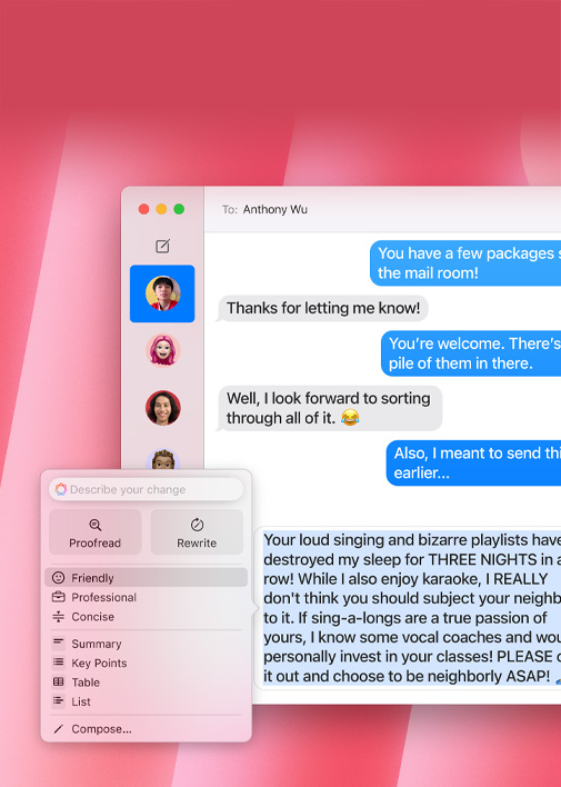 Démonstration de la fonctionnalité Outils d’écriture. Le brouillon initial d’un e‑mail se transforme en une version plus formelle grâce à l’option Professionnel