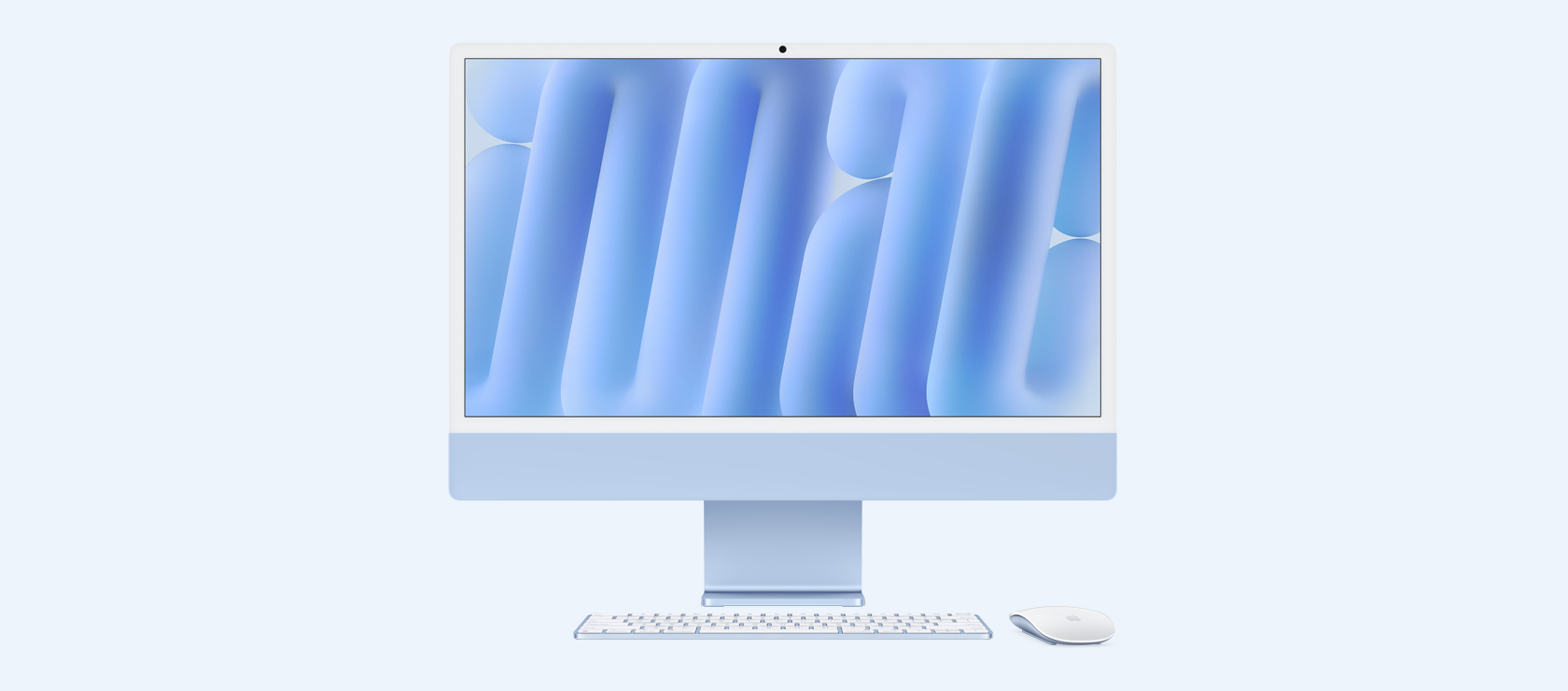 Front view of blue iMac with colour-matching mouse and keyboard