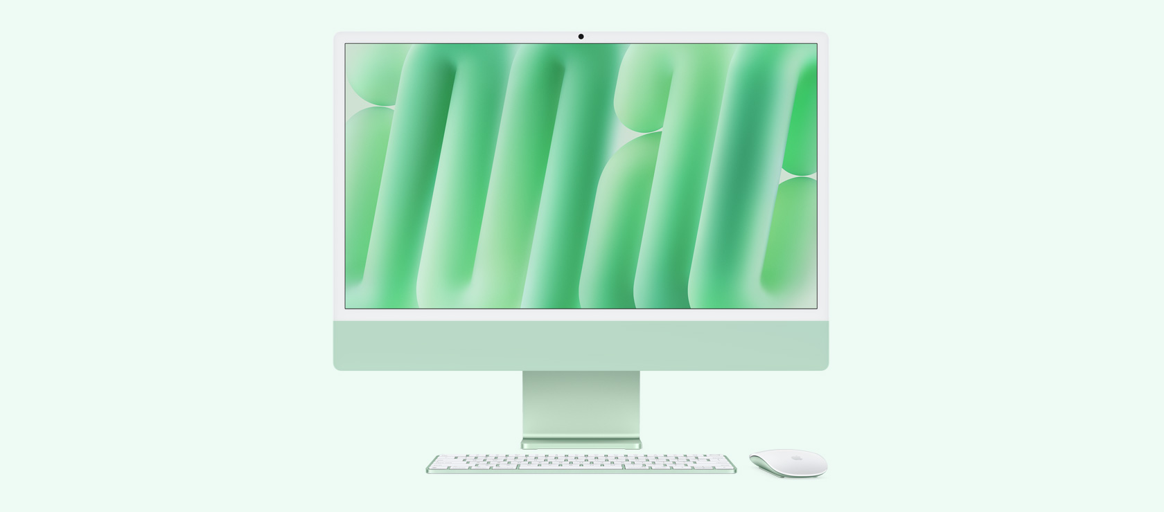 Front view of green iMac with colour-matching mouse and keyboard