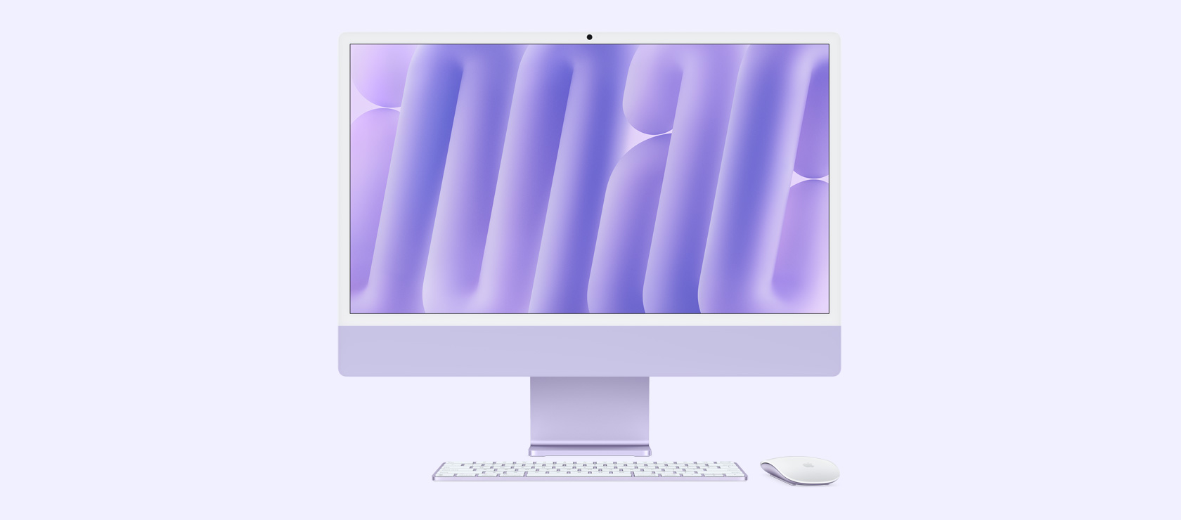 Front view of purple iMac with colour-matching mouse and keyboard