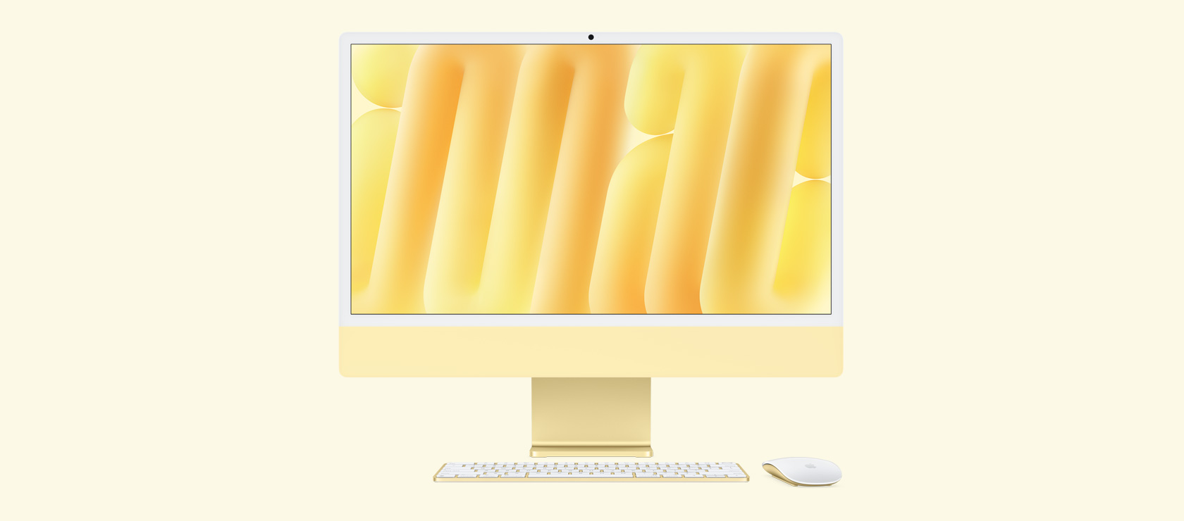 Front view of yellow iMac with colour-matching mouse and keyboard
