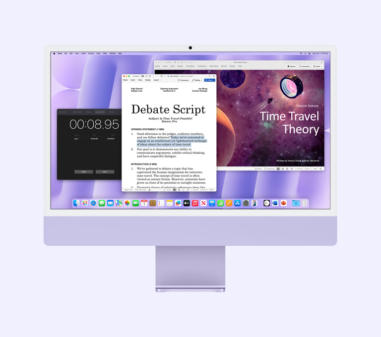 Purple iMac: Screen shows Microsoft Word, Microsoft PowerPoint and Clock apps.