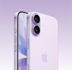 iPhone 17, Lavender colour, front exterior, back angled exterior, Dual Fusion camera system at top left, Camera Control button, front side exterior all screen design, action, volume and side buttons