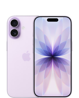 iPhone 17, back exterior, lavender colour, Dual Fusion camera system at top left, centered Apple logo, front exterior, lavender colour, Dynamic Island centered at top