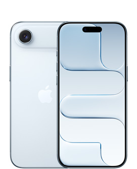 iPhone Air, back exterior, Sky Blue colour, Fusion camera system at top, centered Apple logo, front exterior, Sky Blue colour, Dynamic Island centered at top