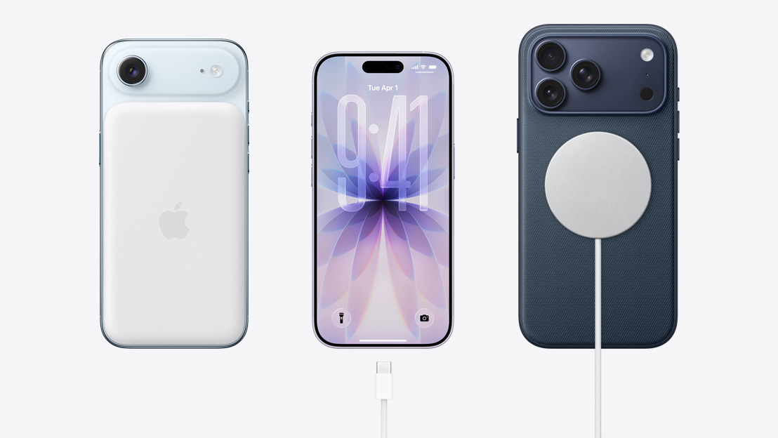 Naast elkaar: iPhone Air, achterkant met bevestigde MagSafe-batterij, iPhone 17, voorkant met all-screendesign, USB-C-oplaadkabel bij oplaadpoort, iPhone 17 Pro, achterkant met bevestigde MagSafe-oplaadkabel