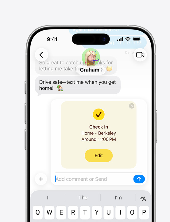 iPhone-scherm met chat in Berichten en actieve feature Check‑in