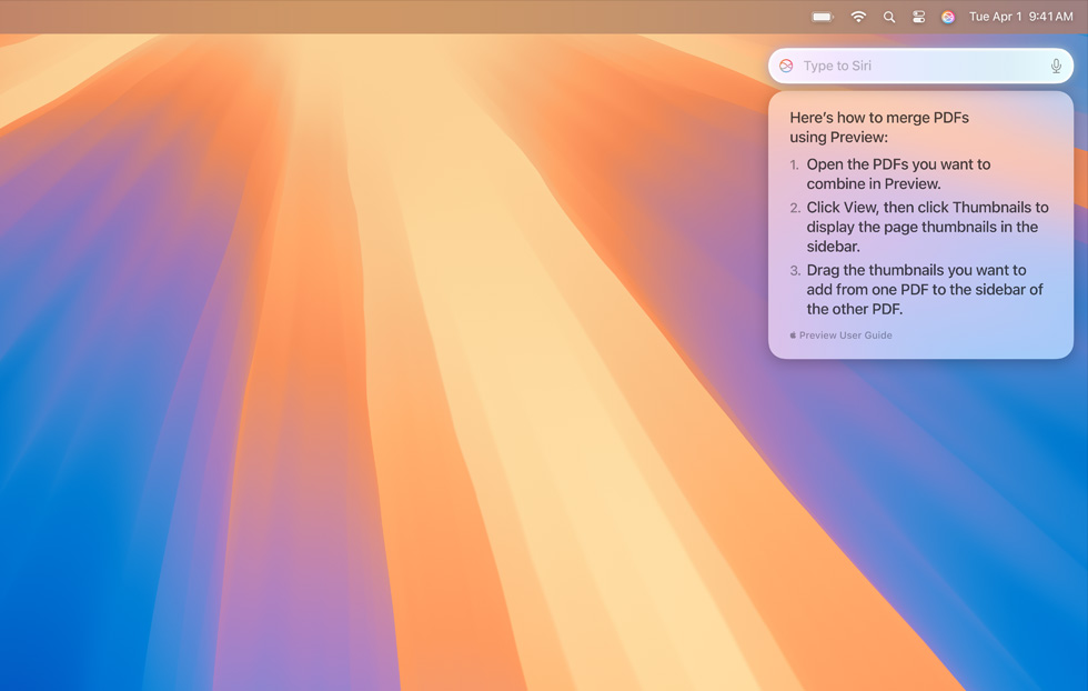 نافذة منبثقة من Siri مع معلومات كان المستخدِم يبحث عنها حول دمج مستندات PDFs متعددة.
