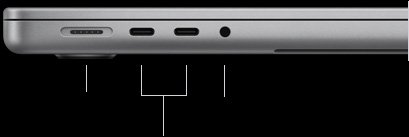 MacBook Pro 14-inch with M5, closed, left side, showing MagSafe 3 port, two Thunderbolt 4 ports and headphone jack