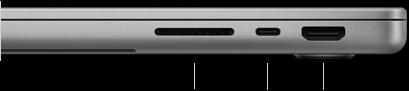 MacBook Pro 14-inch with M5, closed, right side, showing SDXC card slot, one Thunderbolt 4 port and HDMI port
