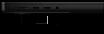 MacBook Pro 14-inch with M4 Pro or M4 Max, closed, left side, showing MagSafe 3 port, two Thunderbolt 5 ports and headphone jack