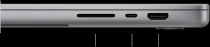 MacBook Pro 16-inch, closed, right side, showing SDXC card slot, one Thunderbolt 5 port and HDMI port