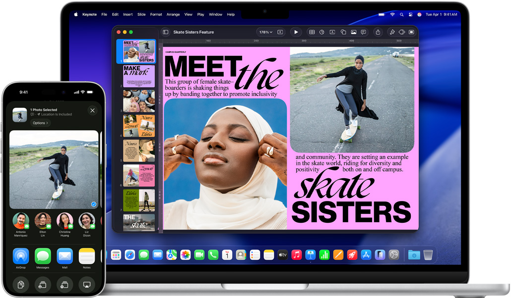 iPhone 16 Plus with Photo app open, 13-inch MacBook Air with a Keynote slide open, same photo from iPhone visible on slide