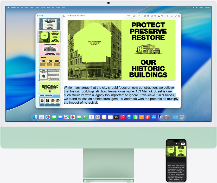 iMac and iPhone 16 Plus, Keynote app open on iMac, slide and presenter notes visible on iPhone