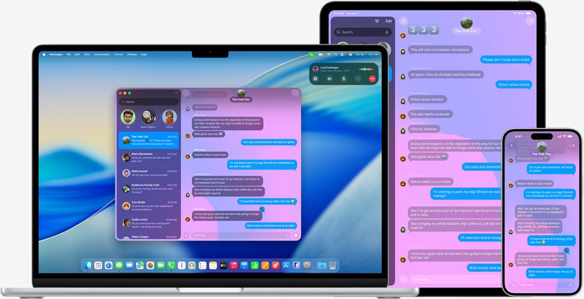 Apple products: 15-inch MacBook Air, 13-inch iPad Pro and iPhone 16 Plus, the same iMessage conversation displayed on each screen