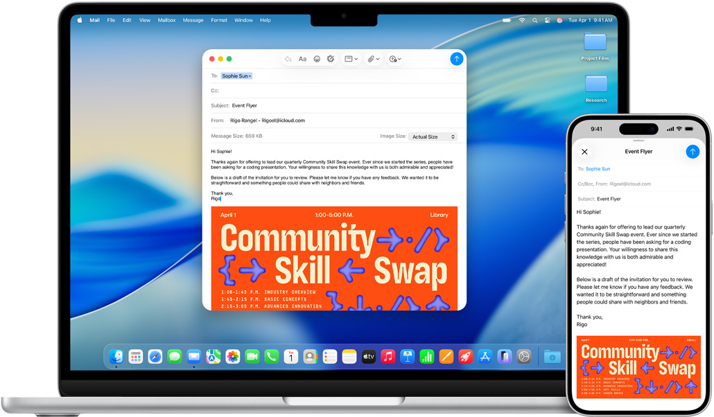 iPhone 16 Plus, 13-inch MacBook Air, Mail app open, the same email draft displayed on both screens