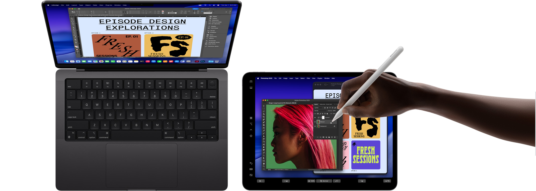 14-inch MacBook Pro, 13-inch iPad Pro being used to extend the display of the MacBook, a hand is using an Apple Pencil Pro to manipulate the image on the iPad