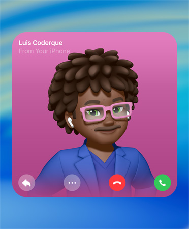 FaceTime Contact Poster, Genmoji in centre, person’s name top left, icons for reply, more options, hang up and pick up on the bottom