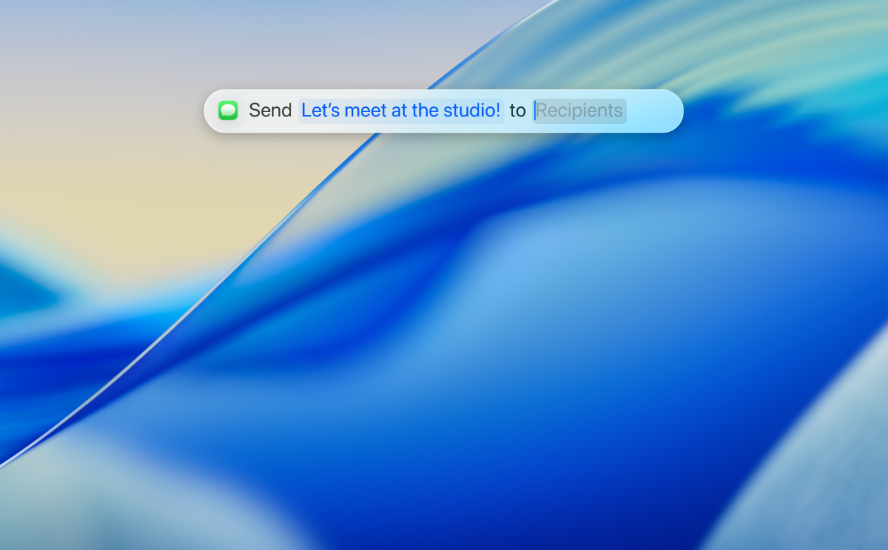 Close-up of new translucent Spotlight app, a user using Messages app to send a text to one of their contacts