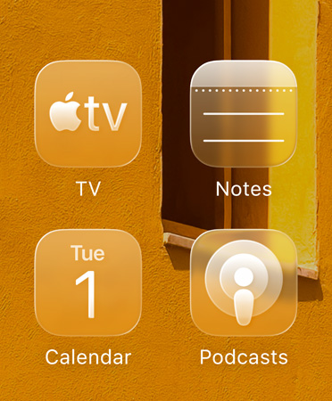 Liquid Glass app icons, including Apple TV, Notes, Calendar and Podcasts, tinted with colour to complement wallpaper image