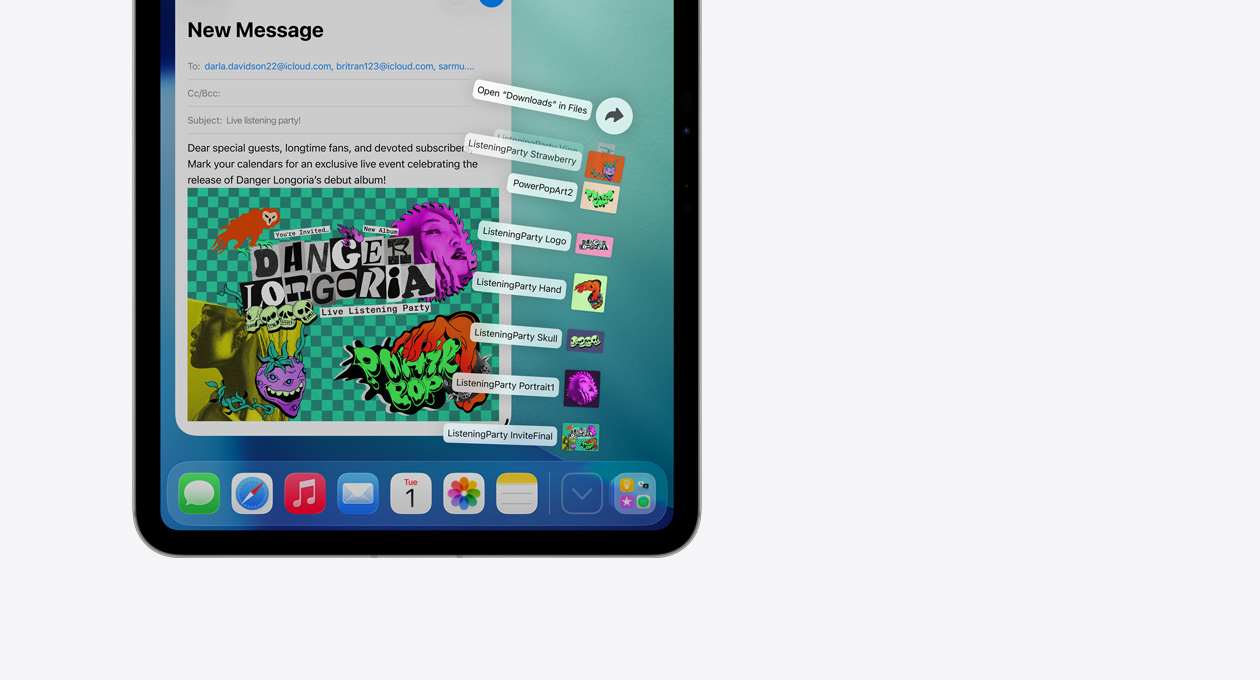 Close-up van Apple device met onderaan het Dock en een reeks bestanden die verticaal uitwaaieren