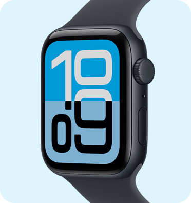 Apple Watch SE 3, kast van aluminium, kleur Middernacht, wijzerplaat Flux, rechterkant, Digital Crown, microfoon, zijknop, sportbandje, kleur Middernacht