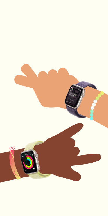 插圖描繪兩個小朋友的手戴著 Apple Watch SE 3